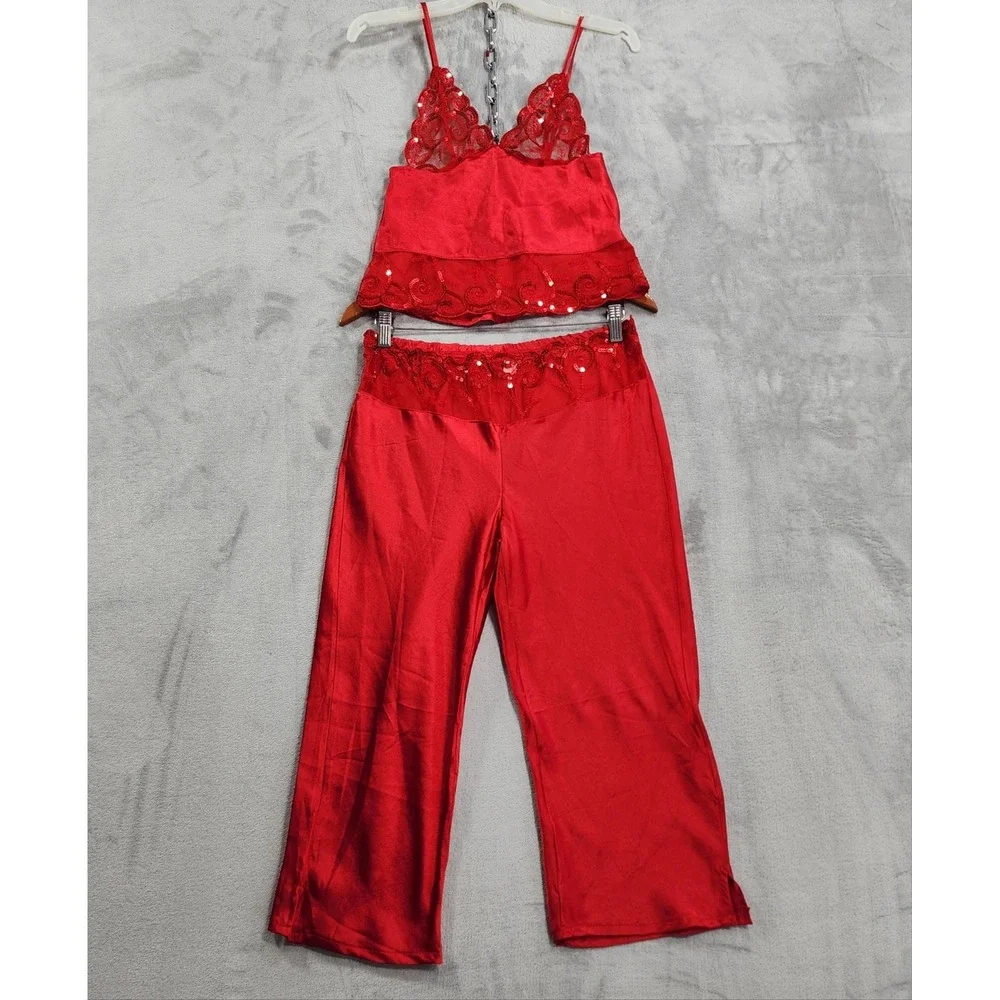 Vintage Elegant Moments Pajama Set Womens S Red Satin Sequin Lace Cami Pants